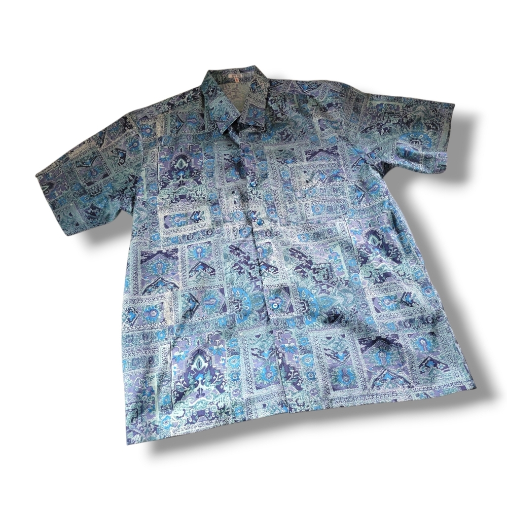 Thai Silk | Men's 70s VTG Blue Abstract Silk Print Aloha Shirt (SIZE L)